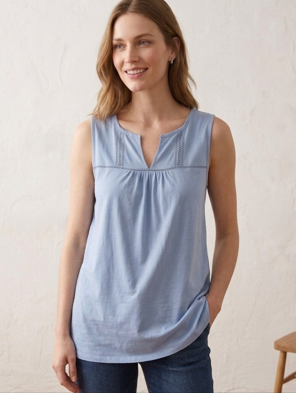 Yessica Light Blue Sleeveless Crochet Detail Blouse - Size L